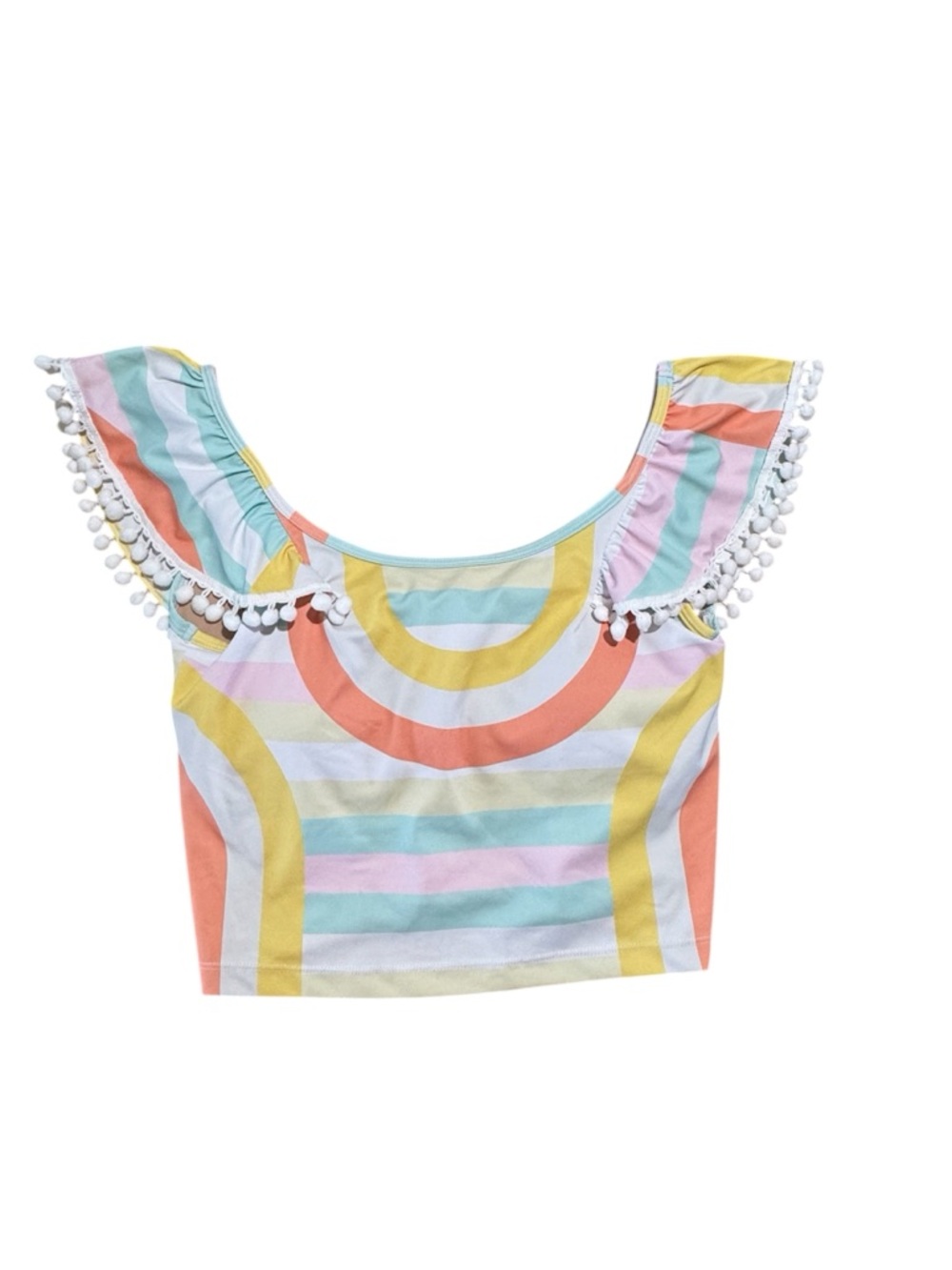 Kortni Jeane Rainbow Pastel Pom Pom Wide Strap Bikini Tankini Flounce Top Medium